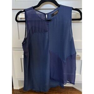 OVI Women’s Sleeveless Blouse Navy Blue Sheer Panels Asymmetrical Hem Size Small